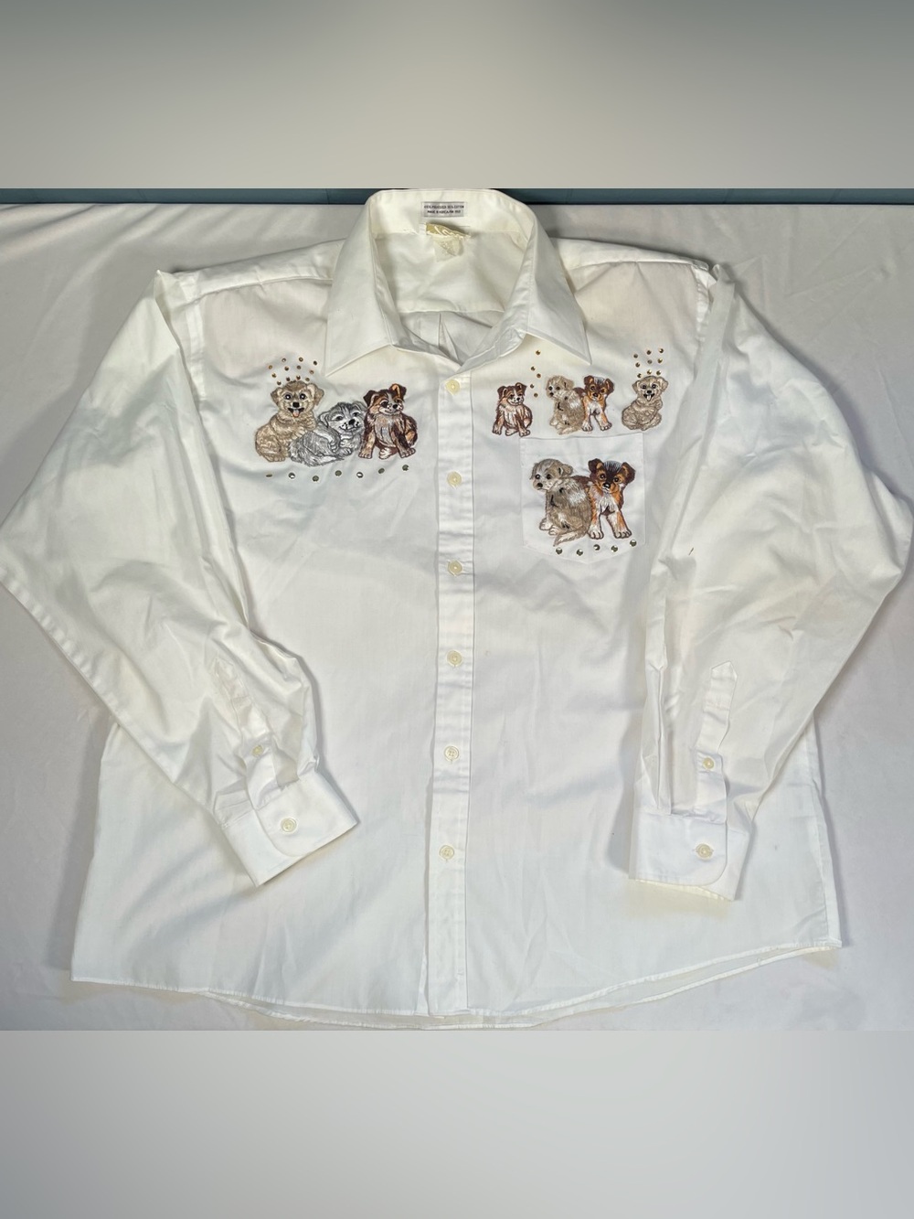 Vintage Tia Designs Dog Puppy Patches White Button Up Shirt Rhinestone L